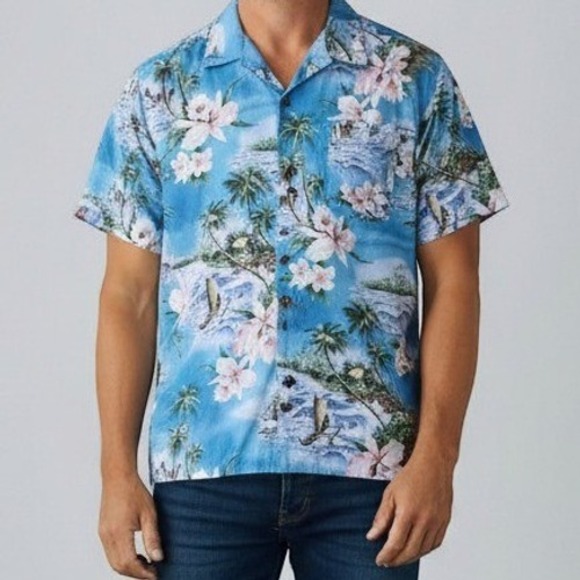 Ky'S Other - Vintage Hawaiian Shirt Floral  blue waves sailboat‎ Summer Tropical Kys Mens M